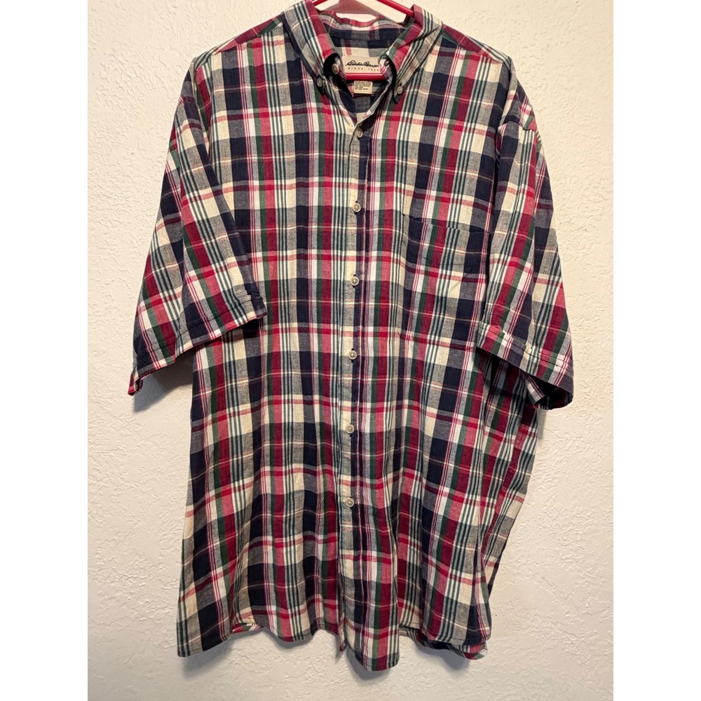 Eddie Bauer Mens Large Plaid Button Down Shirt Short Sleeve Cotton Red Blue